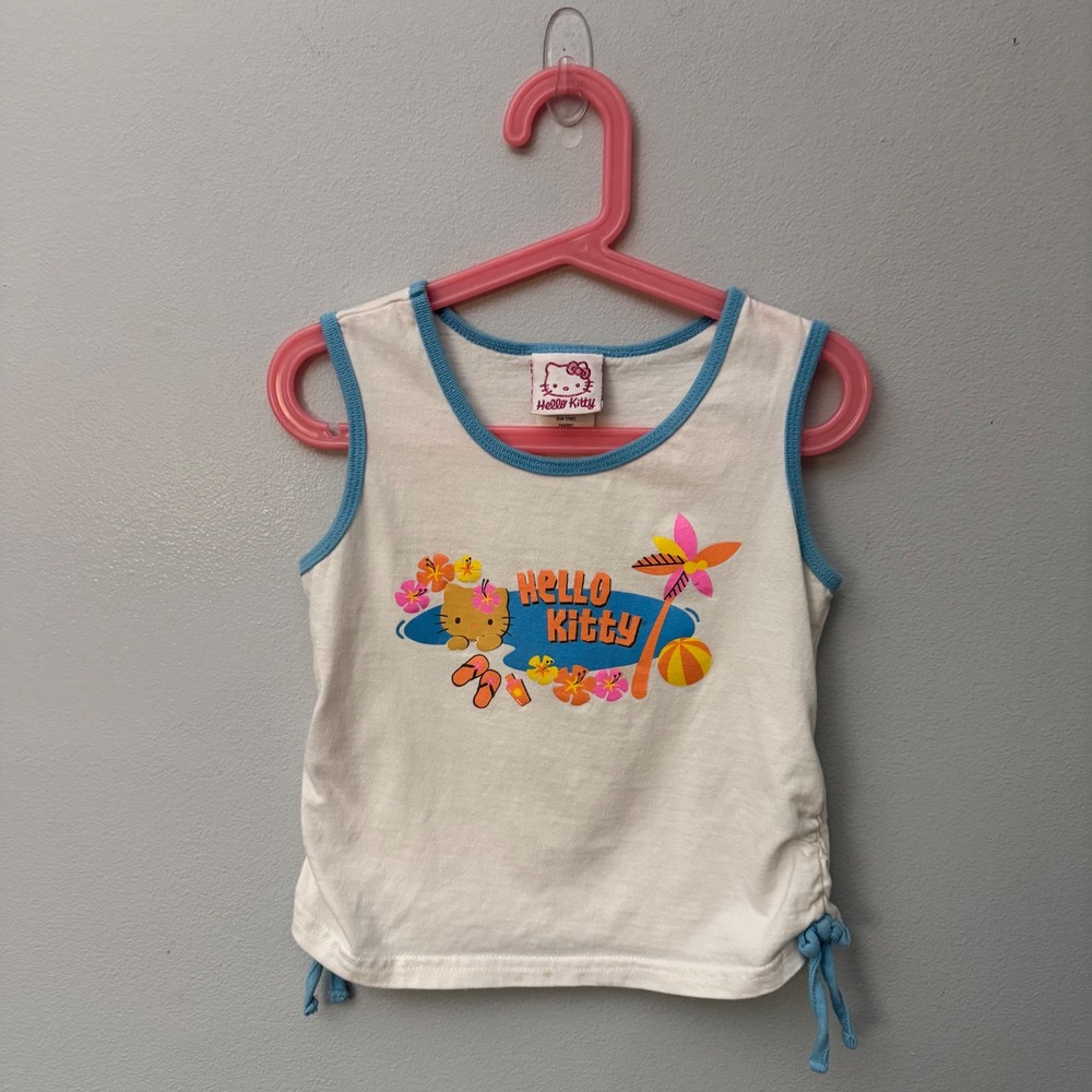 Vintage Kids y2k Hello Kitty Tropical Beach Tank Top M 6 Side Ruching